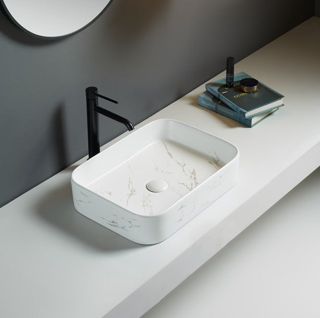Kliff Fine Ceramic Above Counter Basin - Matt Marble White 500x370