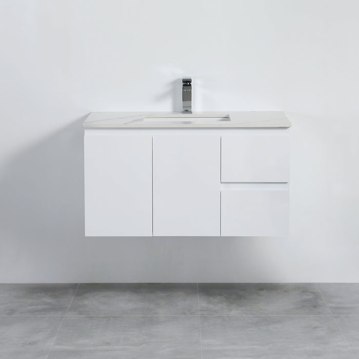 Alpha Right Wall Hung PVC Vanity With Soft Closing - Gloss White 890x455x480