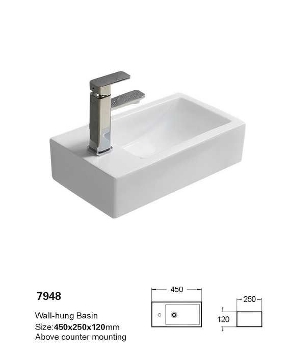 Crete Fine Ceramic Left Tap Hole Wall Hung Mini Basin - Gloss white 450x250