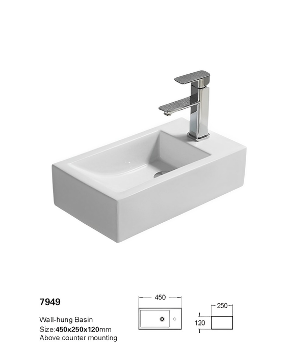 Crete Fine Ceramic Right Tap Hole Wall Hung Mini Basin - Gloss white 450x250