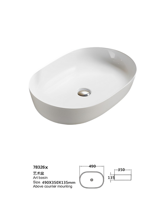 Ellips Fine Ceramic Above Counter Basins - Gloss white 490x350