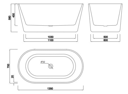Agena Acrylic Free-Standing Bath - Gloss White 1350x700