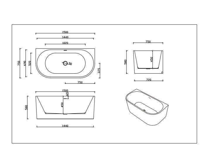 DOVER Back To Wall Free Standing Overflow Bath - Matte White 1500x750