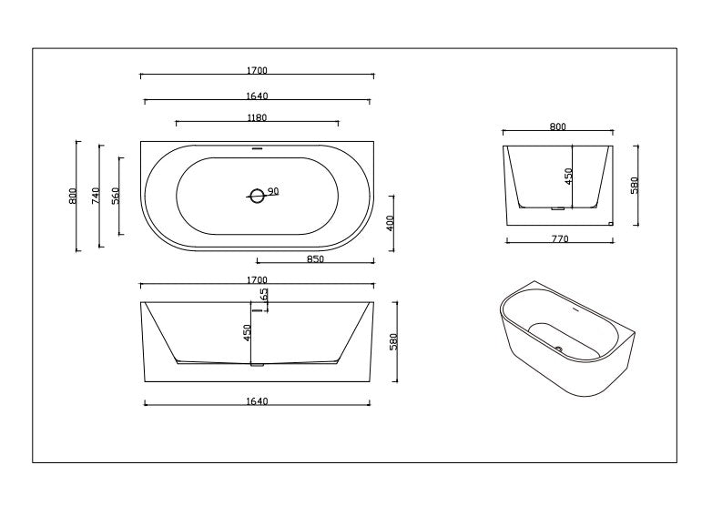 DOVER Back To Wall Free Standing Overflow Bath - Matte White 1700x800