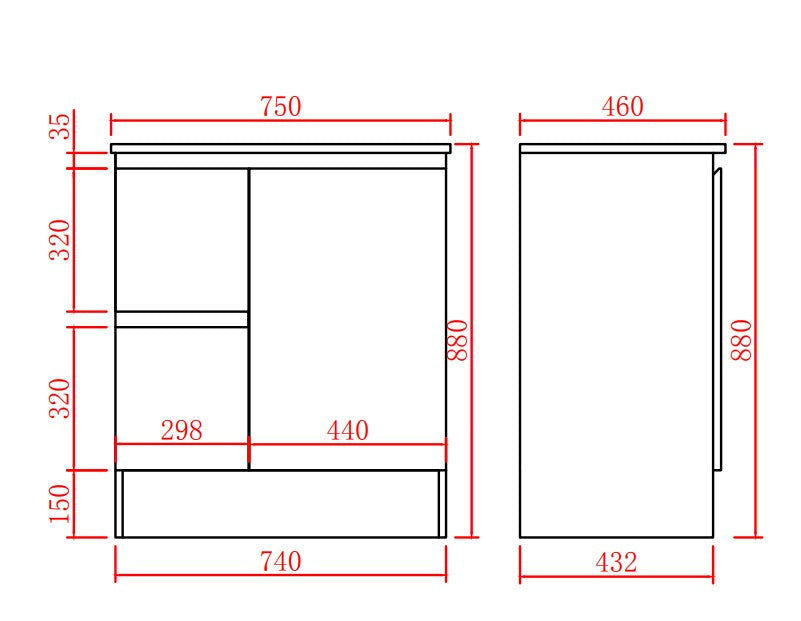 Alpha Left Free Standing PVC Vanity With Soft Closing With Kickboard - Gloss White 740x455x860