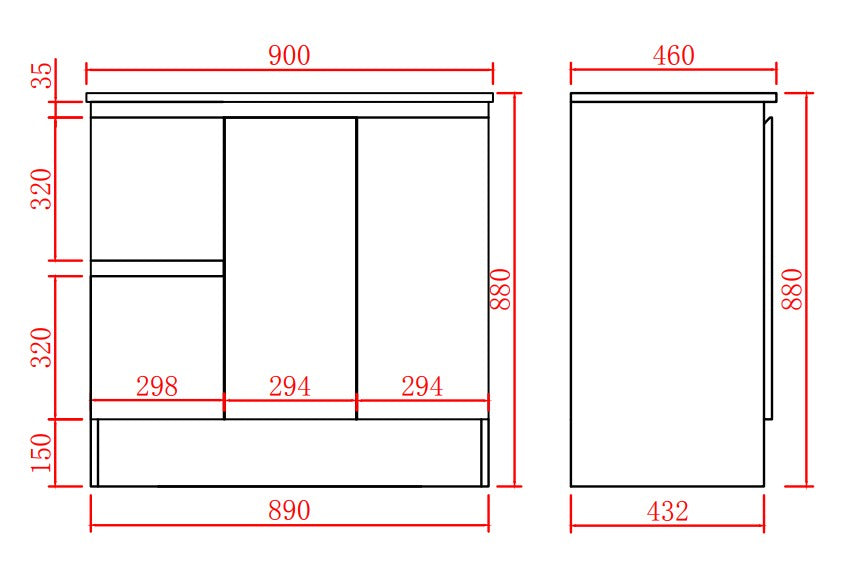 Alpha Left Free Standing PVC Vanity With Soft Closing With Kickboard - Gloss White 890x455x860