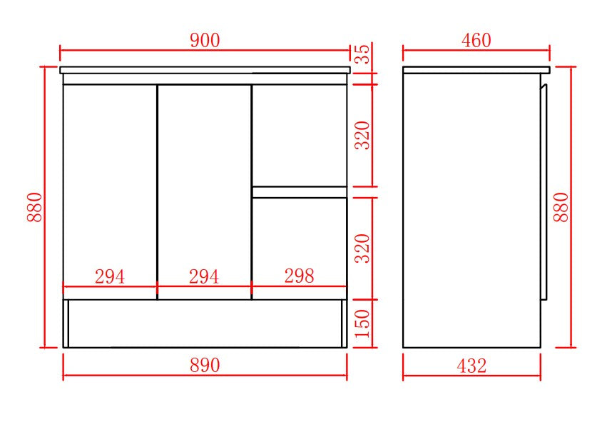 Alpha Right Free Standing PVC Vanity With Soft Closing With Kickboard - Gloss White 890x455x860