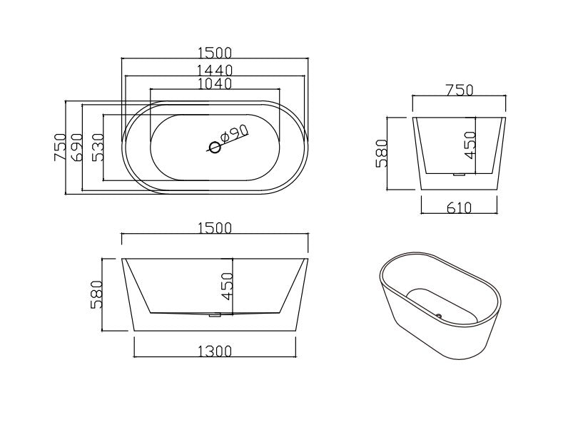 Agena 1500mm Freestanding Bath