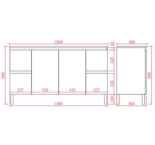 Alpha Free Standing Double Bowl PVC Vanity With Soft Closing - Gloss White 1490x455x860
