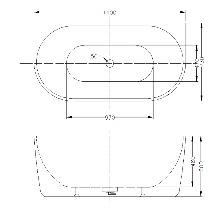 DOVER Back To Wall Free Standing Bath - No Overflow 1400x730