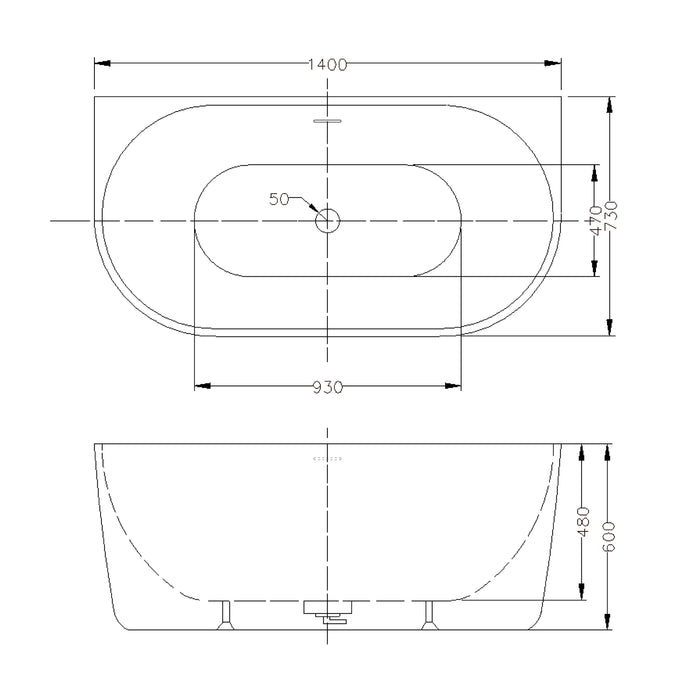 DOVER Back To Wall Free Standing Overflow Bath - Matte White 1400x730
