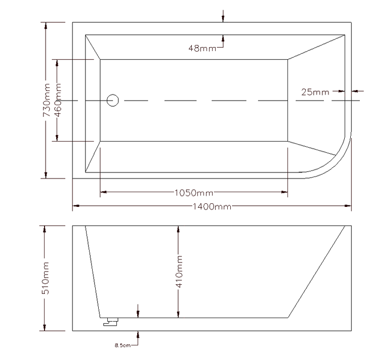 Clayton Free Standing Bath - Left Hand Corner 1400x730
