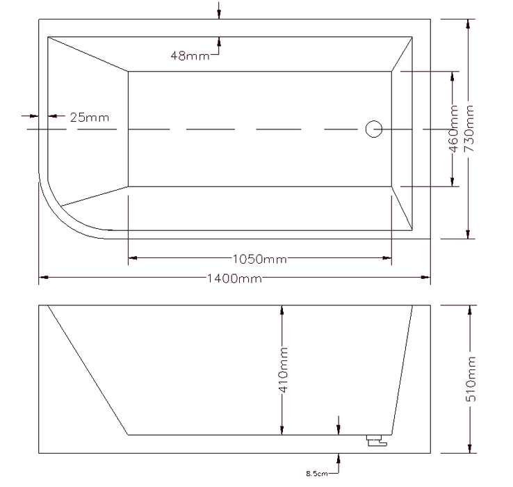 Clayton Free Standing Bath - Right Hand Corner 1400x730