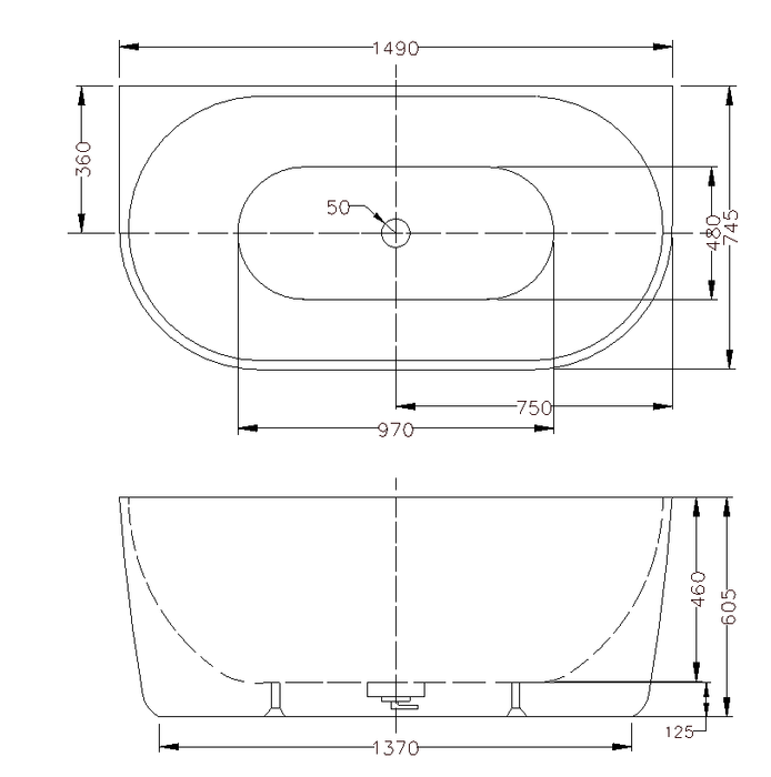 DOVER Back To Wall Free Standing Bath - No Overflow 1490x750