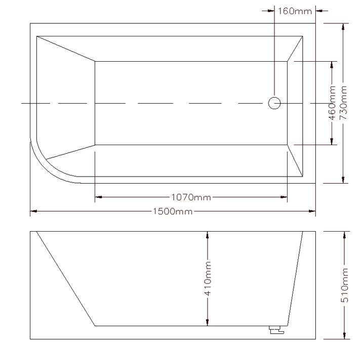 Clayton Free Standing Bath - Right Hand Corner 1500x730