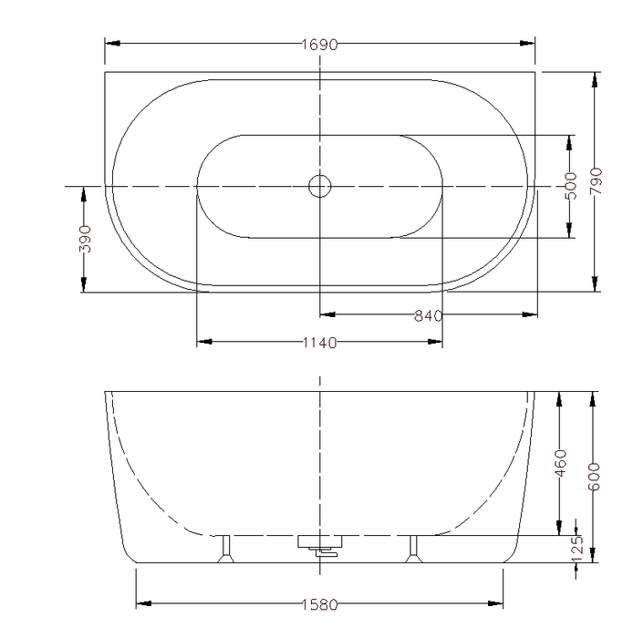 DOVER Back To Wall Free Standing Bath - No Overflow 1690x790