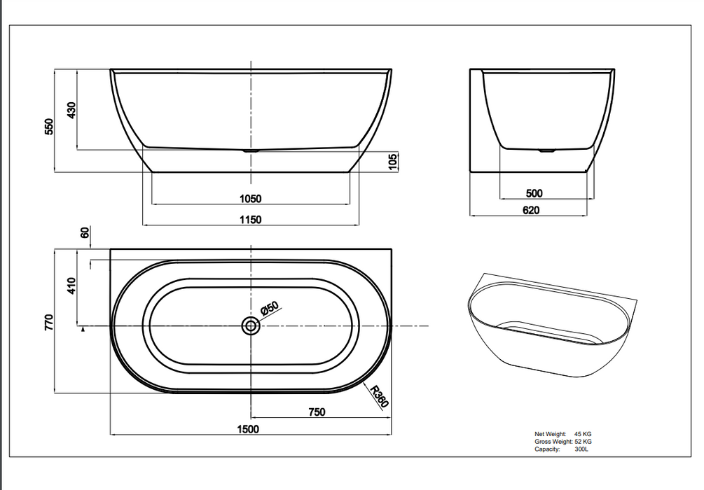 Ellips Back To Wall Free Standing Acrylic Bathtub - Matte White 1500x770 - No Overflow