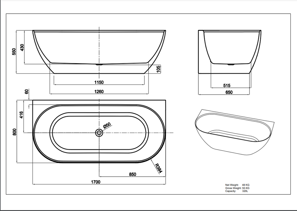 Ellips Back To Wall Free Standing Acrylic Bathtub - Matte White 1700x800 - No Overflow
