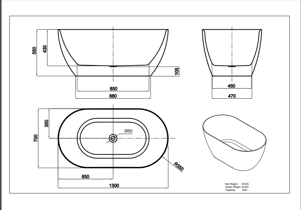 Ellips Slim Acrylic Free Standing None Overflow Bathtub - Gloss White 1300x700