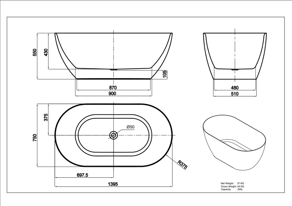 Ellips Slim Acrylic Free Standing None Overflow Bathtub - Gloss White 1395x750