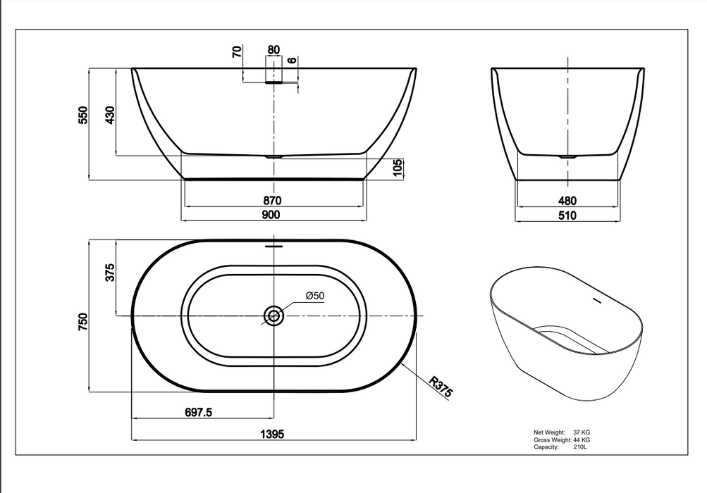 Ellips Slim Acrylic Free Standing Overflow Bathtub - Gloss White 1395x750