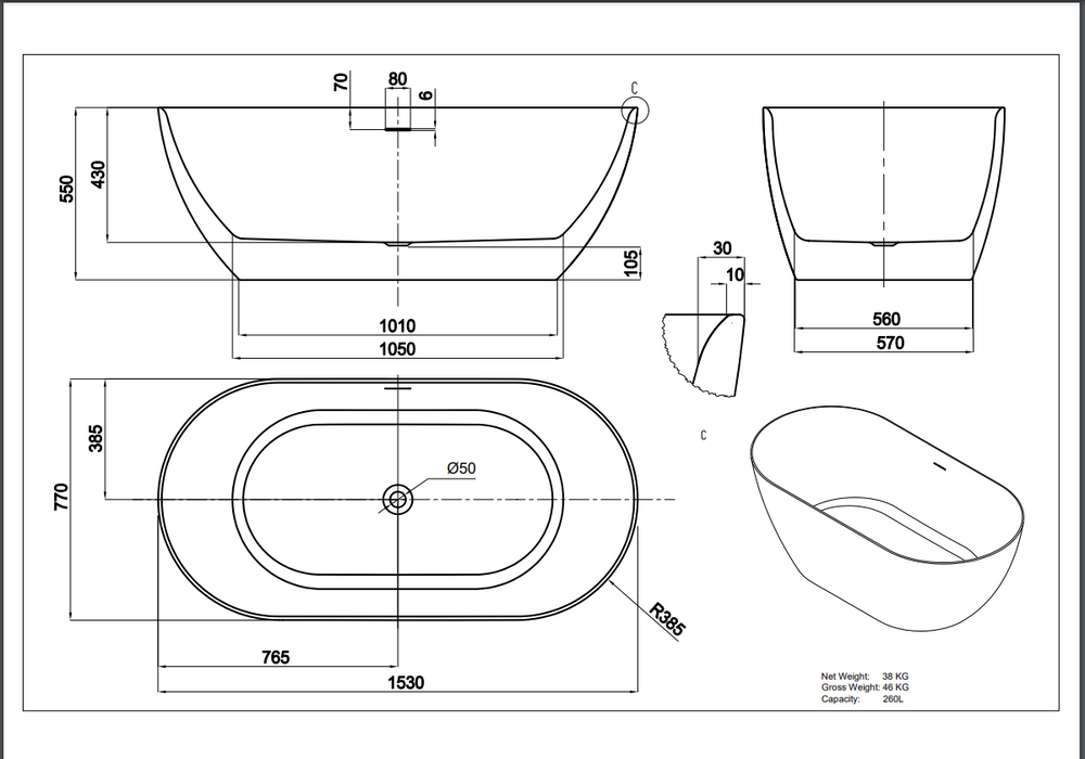 Ellips Slim Acrylic Free Standing Overflow Bathtub - Gloss White 1530x770