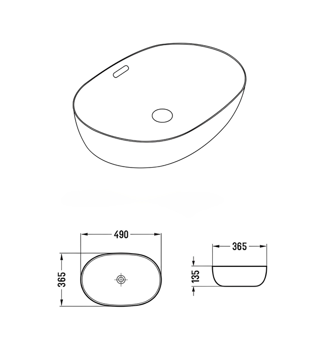 Ellips Fine Ceramic Above Counter Overflow Basin - Gloss White 490x365