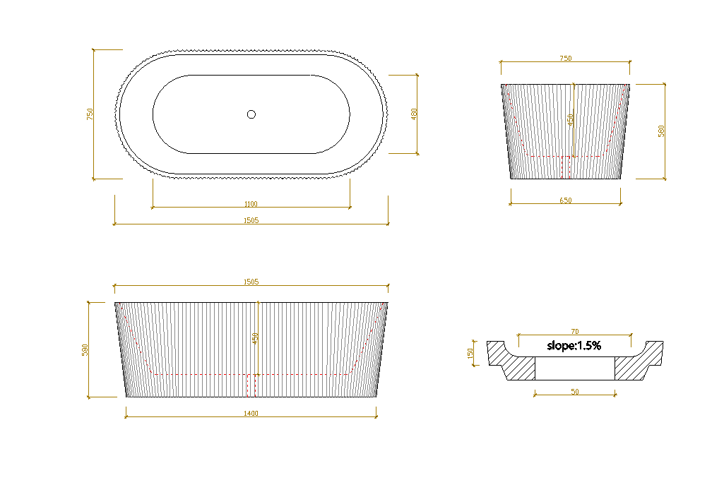 Agena Fluted Acrylic Free-Standing Bath with Overflow - Matte White 1500x750