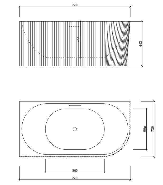 Binge Fluted Skirt Overflow Left Hand Corner Bath - Gloss White 1500x750