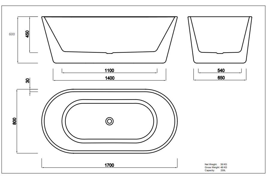 Agena 1700mm Freestanding Bath
