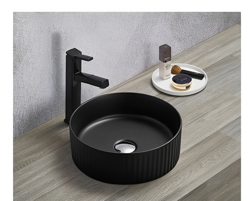 Olley Fine Ceramic Fluted Art Basin - Matte Black