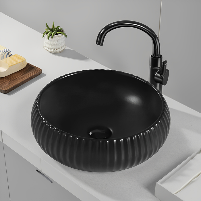 Oran Fine Ceramic Fluted Art Basin - Matte Black 400x400