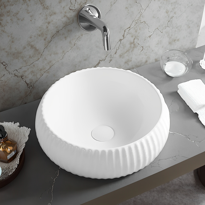 Oran Fine Ceramic Fluted Art Basin - Gloss White 400x400