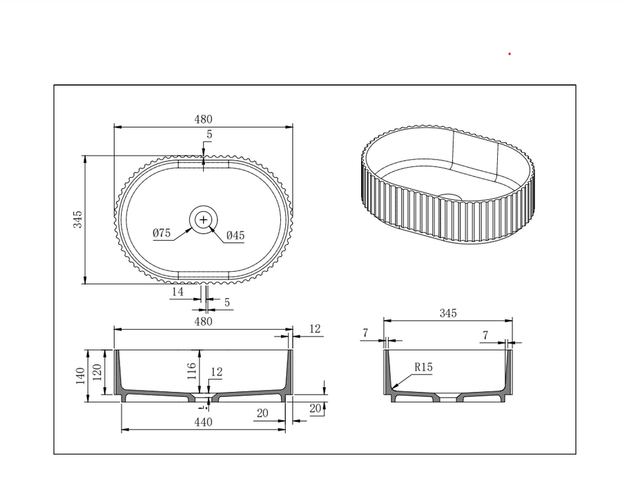 Ellips Fluted Solid Surface Above Counter Basin - Matt White 480x345