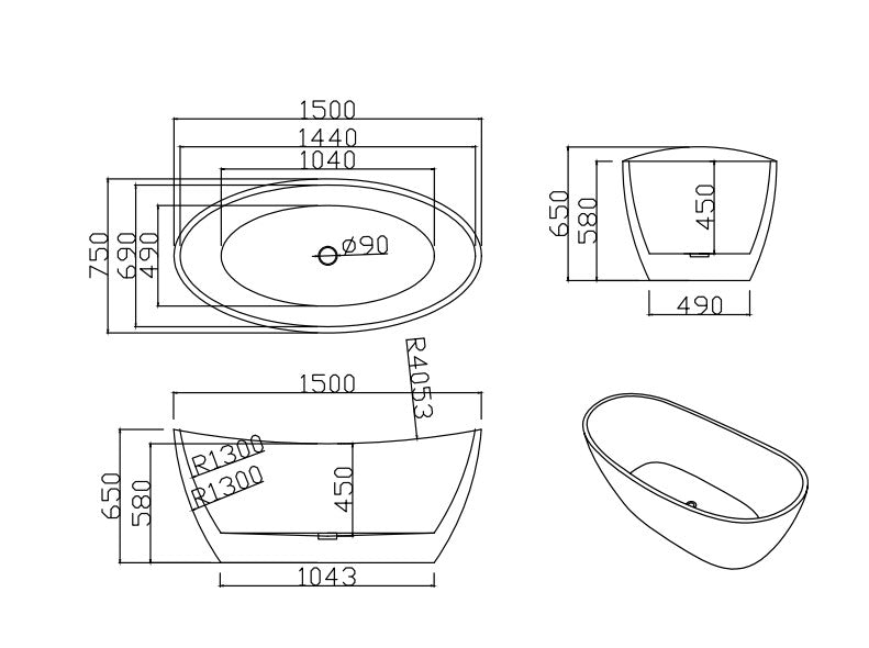 Valla Acylic Free Standing Bathtub - Gloss white 1500x750