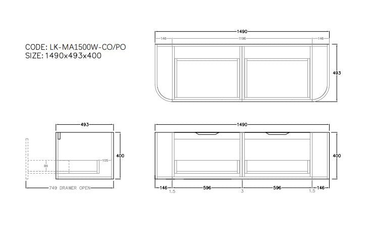 Agena Fluted Double Bowl Wood Grain WH Vanities 1490x493x400