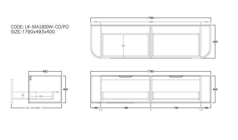 Agena Fluted Double Bowl Wood Grain WH Vanities 1790x493x400