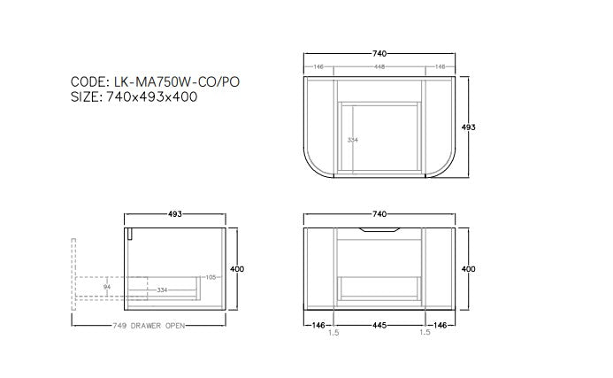 Agena Fluted Wood Grain WH Vanities 740x493x400