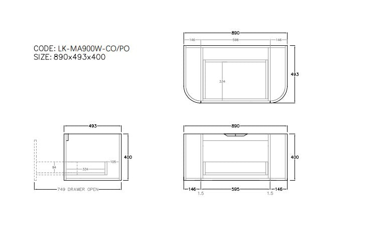 Agena Fluted Wood Grain WH Vanities 890x493x400