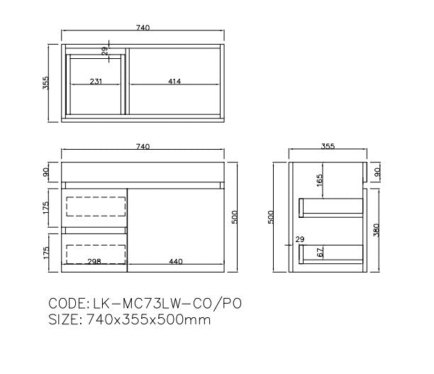 Camden Modern Left Wall Hung Cabinet 890x370x500