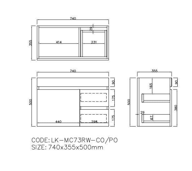 Camden Modern Right Wall Hung Cabinet 740x370x500