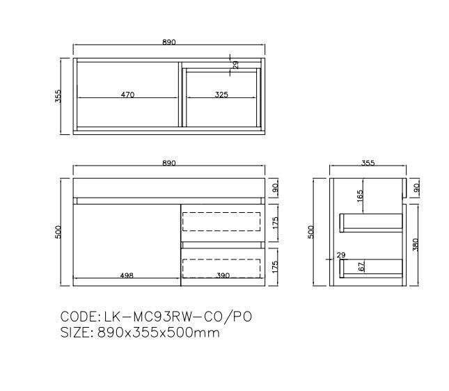 Camden Modern Right Wall Hung Cabinet 890x370x500