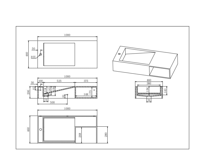 Crete Solid Surface Stone Wall Hung Basin - Matte White 1000x460