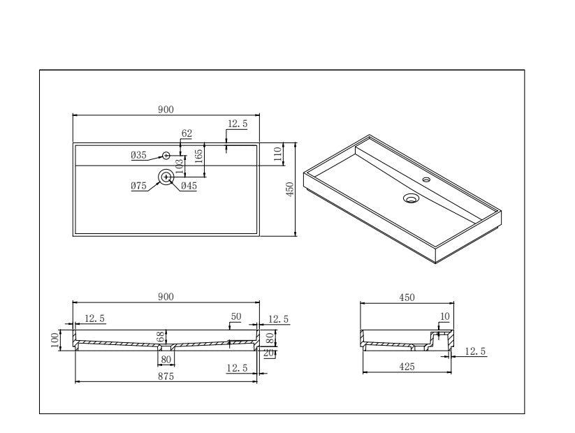 Crette Solid Surface Stone Wall Hung Basin - Matte White 900x450