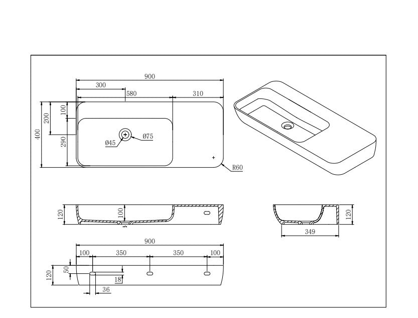 Rocca Solid Surface Stone Wall Hung Basin - Matte White 900x400