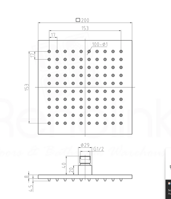 Ruki Brushed Nickel Square 200 mm Shower Head