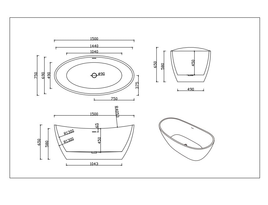Valla Acylic Free Standing Bathtub - Matte White 1500x750