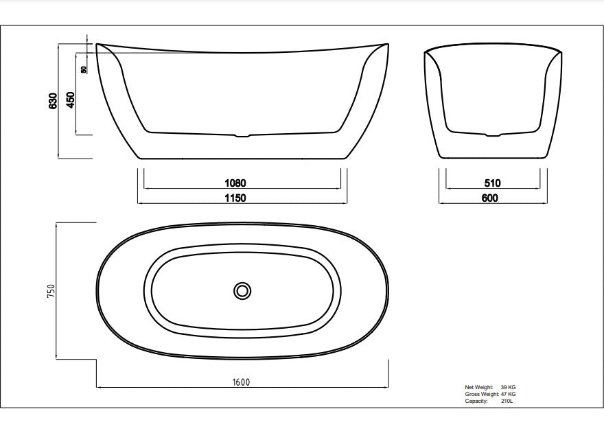 Valla Acrylic Free Standing Bathtub - Gloss white 1600x750