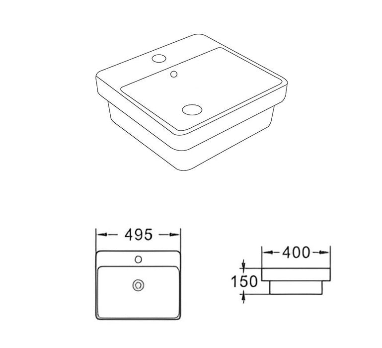 Kliff Fine Ceramic Insert Basin with Tap Hole - Gloss White 495x400