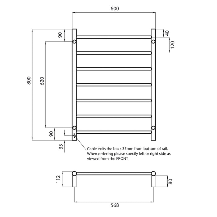 Heated Round Ladder 600 x 800mm Brushed Nickel
